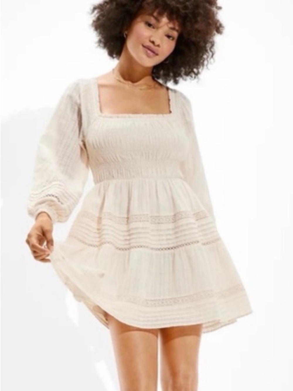 American Eagle Outfitters Ivory Smocked Square-Neck Mini Dress